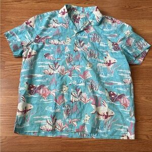 J Crew Hawaiian Shirt Mens XL Blue Floral linen blend  Fish Tropical Button Up